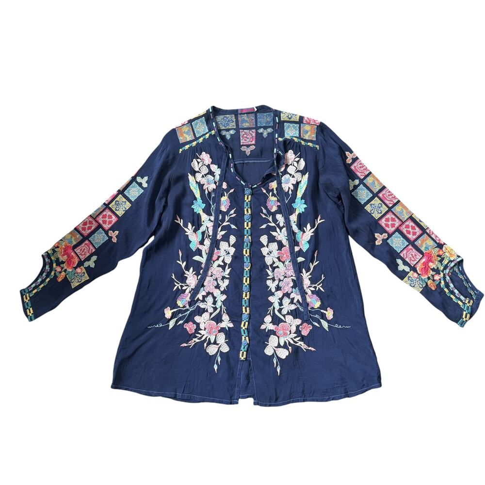 Johnny Was Nikolita Embroidered Tunic Blouse Navy Blue